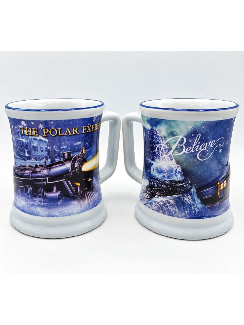 The Polar Express Believe 3D Ceramic Coffee Mugs Set of 2 Warner Bros Train EUC